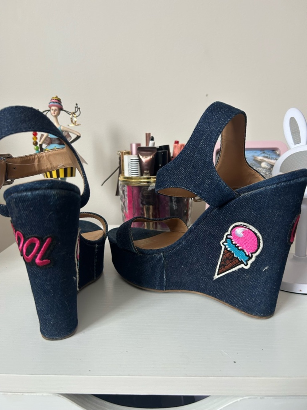 Denim Wedge Sandals with Rainbow & Heart Patches - Picture 6 of 7
